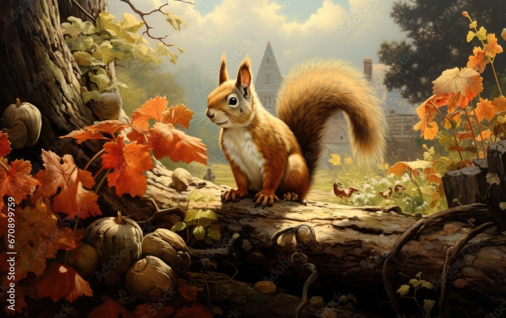 Fototapeta premium Squirrel in the park at sunset.