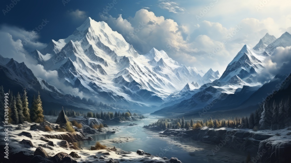 Winter landscape: Beautiful landscape with snow-capped mountains.