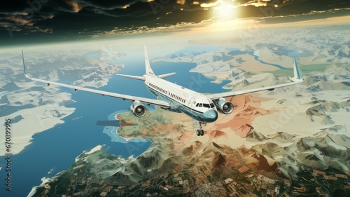 Airplane Soaring Above a World Map, Symbolizing Global Travel