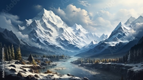Winter landscape: Beautiful landscape with snow-capped mountains. © senadesign