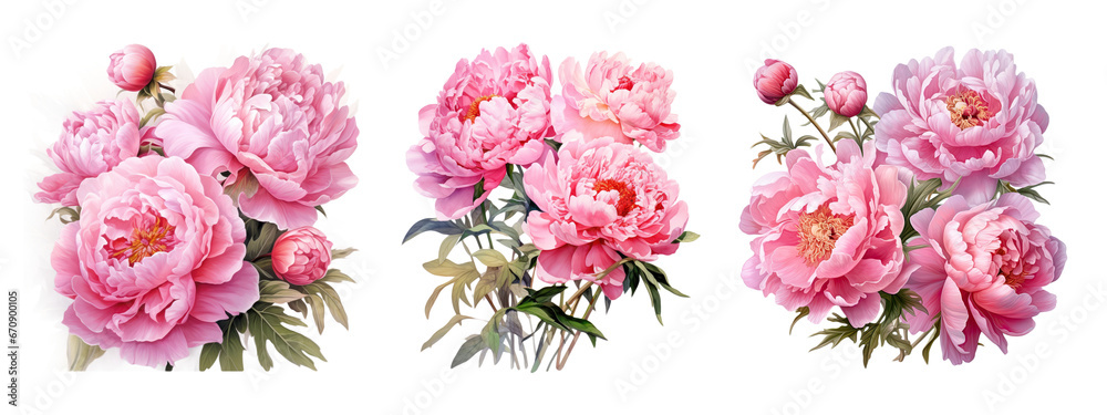 Watercolor pink peony flowers bouquet, peony flowers isolated on transparent background - obrazy, fototapety, plakaty 