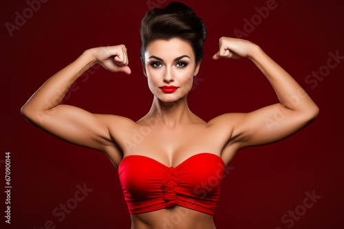 Woman in red bra posing for picture.
