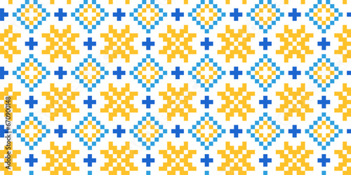 Ukrainian vector textile, fabric, cloth seamless pattern, striped print. Ukrainian folk, ethnic pattern in yellow and blue colors. Pixel art, vyshyvanka, cross stitch
