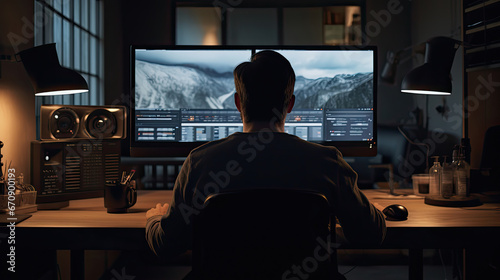 editor man sits working in a dark room with a computer monitor view from back created with Generative AI Technology