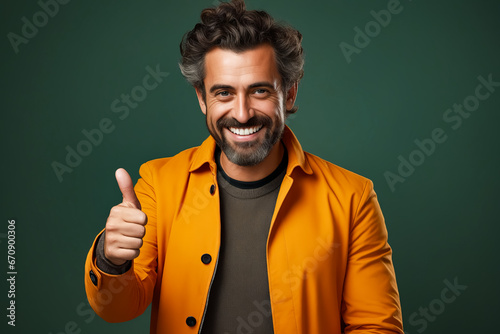 Man with beard and yellow jacket giving thumbs up.