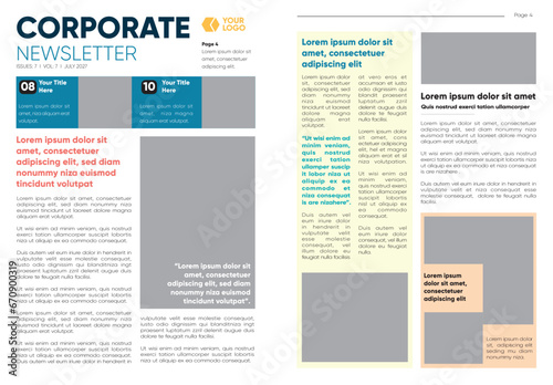 Corporate newsletter editorial layout. A4 size. Editorial template.