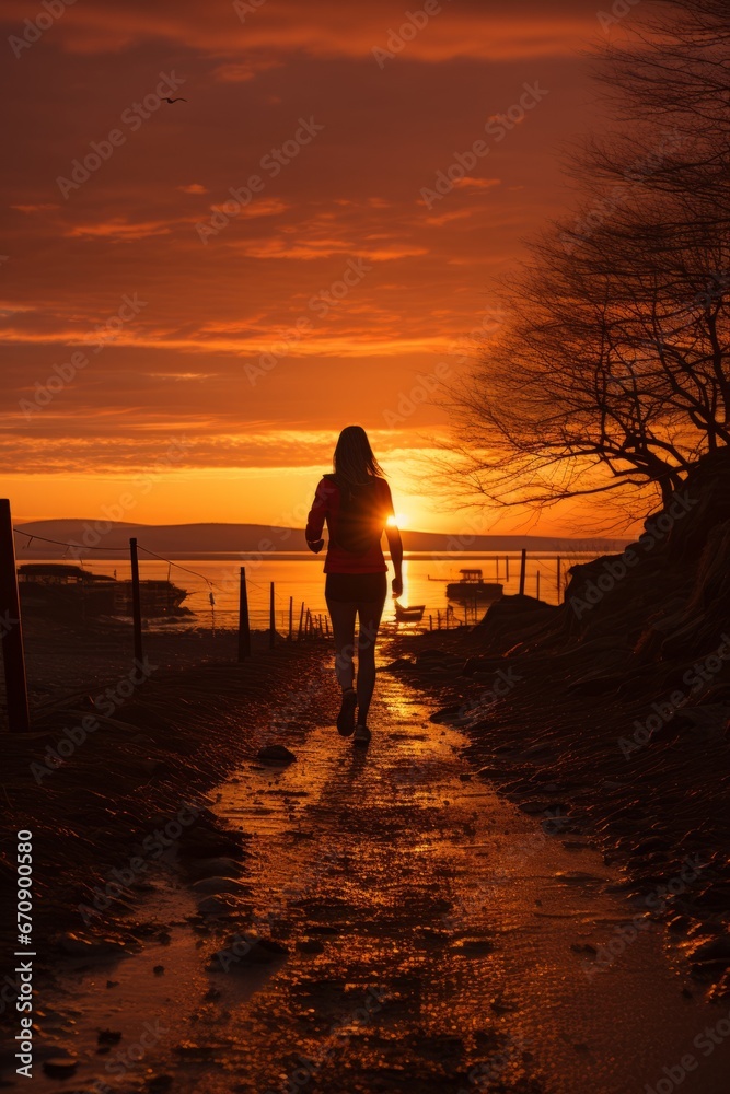 Fototapeta premium Jogger's silhouette against a stunning sunset sky, Generative AI