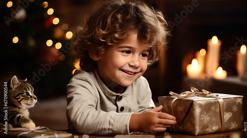A little boy and little kitten play with Christmas presents © senadesign