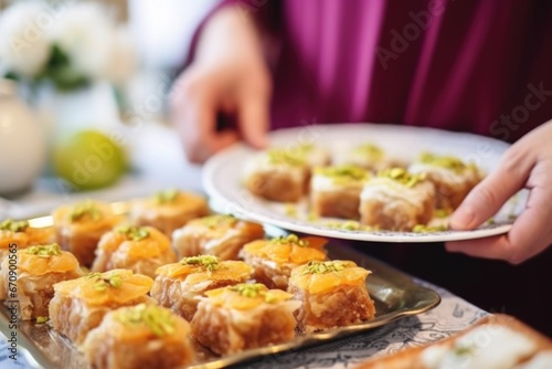 close-up of a hand picking up baklava with a napkin at a party