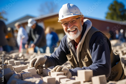 Man in hard hat and glasses is building wall.