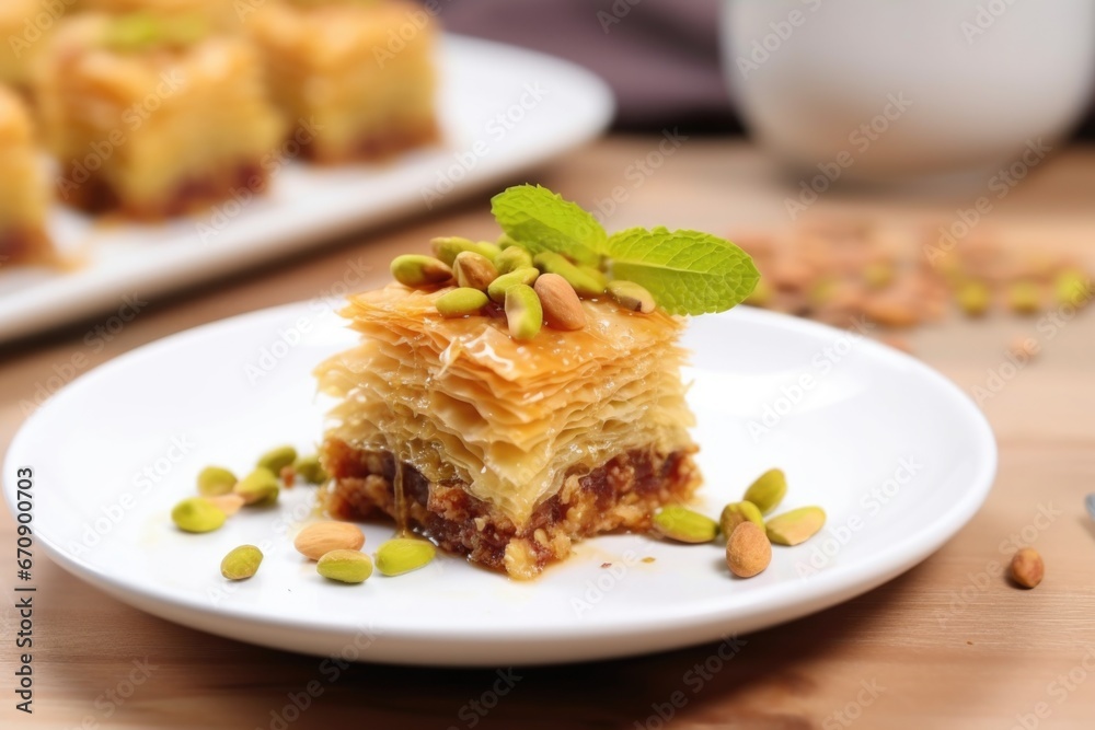 hand serving baklava dessert on a white ceramic plate hand serving baklava dessert on a white ceramic plate