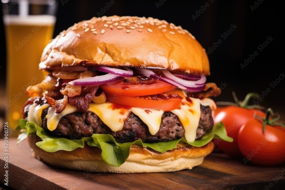bbq burger with cheese, tomato and onion