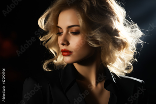 Woman with blonde hair and red lipstick is looking down.