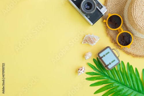 Top view Accessories for travel and camera on color background with copy space
