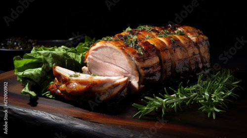porchetta slices grilled pork belly on a wooden table made with Generative AI Technology