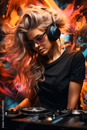 Woman with headphones and dj mixer in front of colorful background.