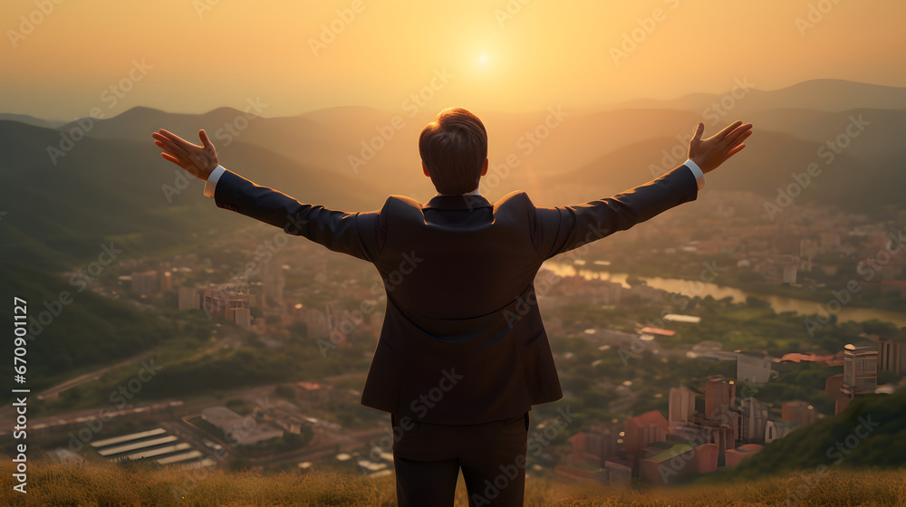 Fototapeta premium Businessman at mountaintop during sunset. Success, victory, winner, achievement, leadership concept