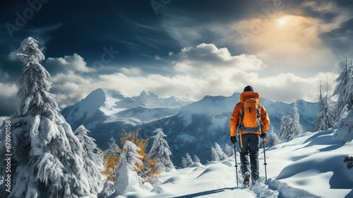 mountaineer backcountry ski walking ski alpinist in the mountains, ski touring in alpine landscape with snowy trees, adventure winter sport