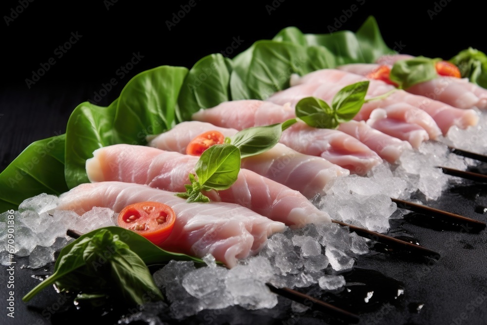 raw fish skewers on a bed of ice with basil leaves
