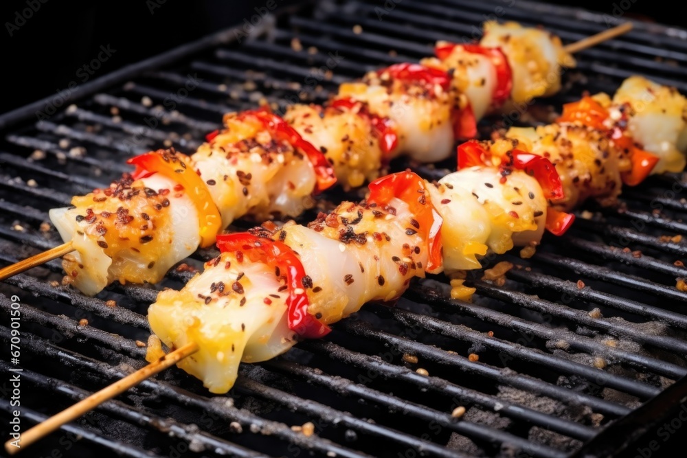 cod skewers on a shiny black grill with chili flakes