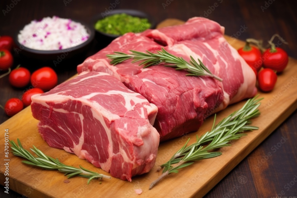 close-up of fresh rosemary leaves on a raw lamb roast