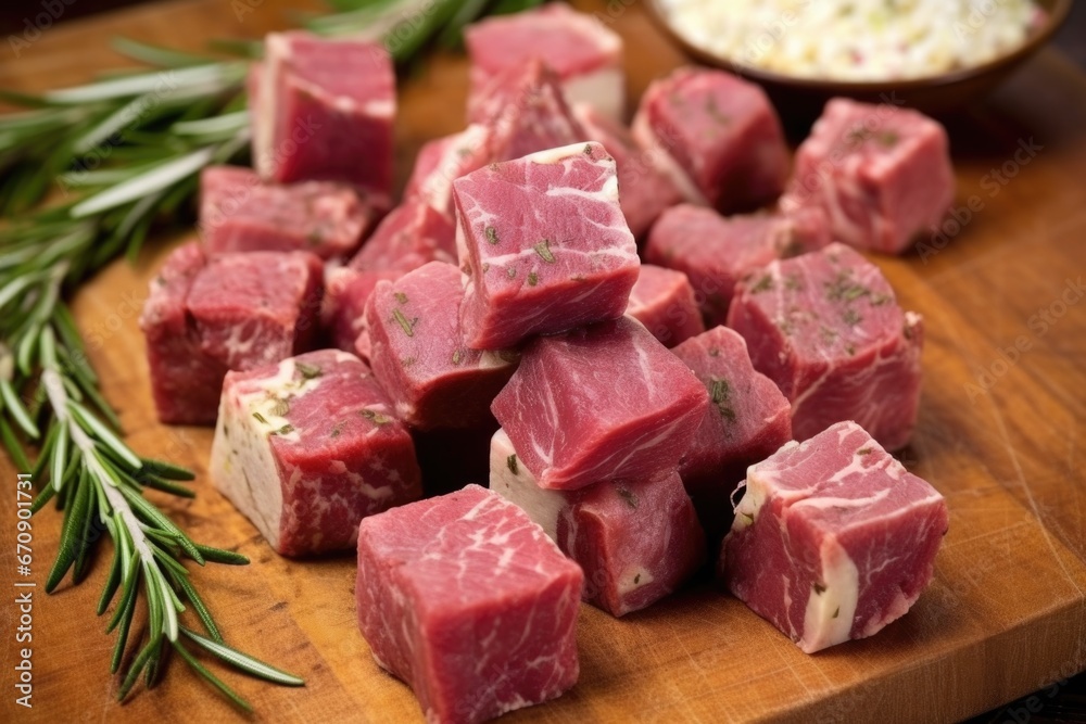raw cubes of lamb rubbed in garlic and rosemary, up close raw cubes of lamb rubbed in garlic and rosemary, up close