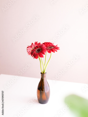 Fototapeta Naklejka Na Ścianę i Meble -  A Brown Vase with Gerbera Flowers.