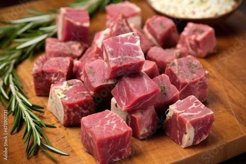 raw cubes of lamb rubbed in garlic and rosemary, up close
