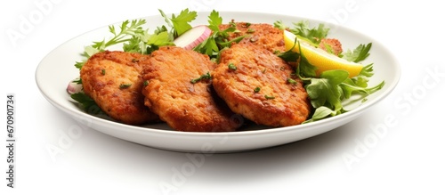 Cutlets arranged on a dish set apart on a white background