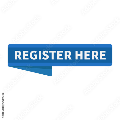 Register Here In Blue Rectangle Ribbon Shape For Promotion Marketing Sign Up
