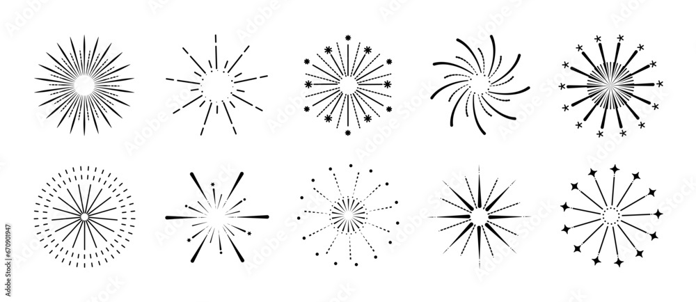 Set of new year firework vector illustration. Collection of black starburst, sunlight on white background. Art design suitable for decoration, print, poster, banner, wallpaper, card, cover, icon.