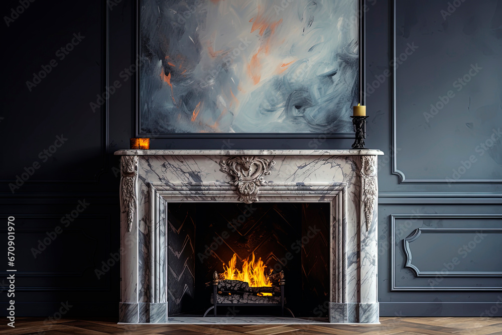Generative AI illustration of Haussmann style fireplace in illustration style. digital art architecture - obrazy, fototapety, plakaty 