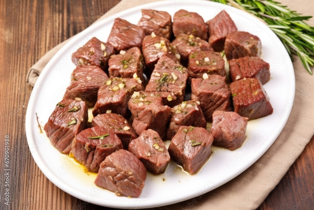 overhead shot of steak tips marinated with garlic on plate