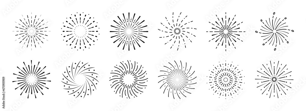 Set of new year firework vector illustration. Collection of black starburst, sunlight on white background. Art design suitable for decoration, print, poster, banner, wallpaper, card, cover, icon. - obrazy, fototapety, plakaty 