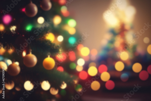 Blurred background with colorful bokeh lights. Christmas balls  garlands. New Year s Eve. Holidays. Generative AI