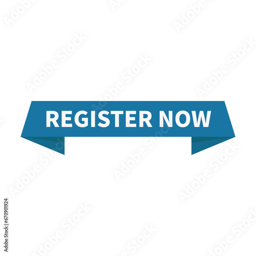 Register Now In Blue Rectangle Ribbon Shape For Promotion Marketing Sign Up
