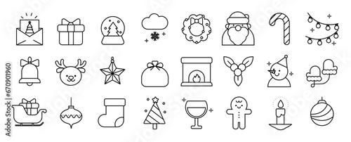 Merry Christmas and winter season doodle icon vector. Set of bauble ball, envelope, chimney, santa, snowman, gingerbread, candle, pine. Winter festival and holiday collection for kids, decorative.