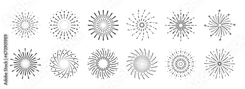 Set of new year firework vector illustration. Collection of black starburst, sunlight on white background. Art design suitable for decoration, print, poster, banner, wallpaper, card, cover, icon.