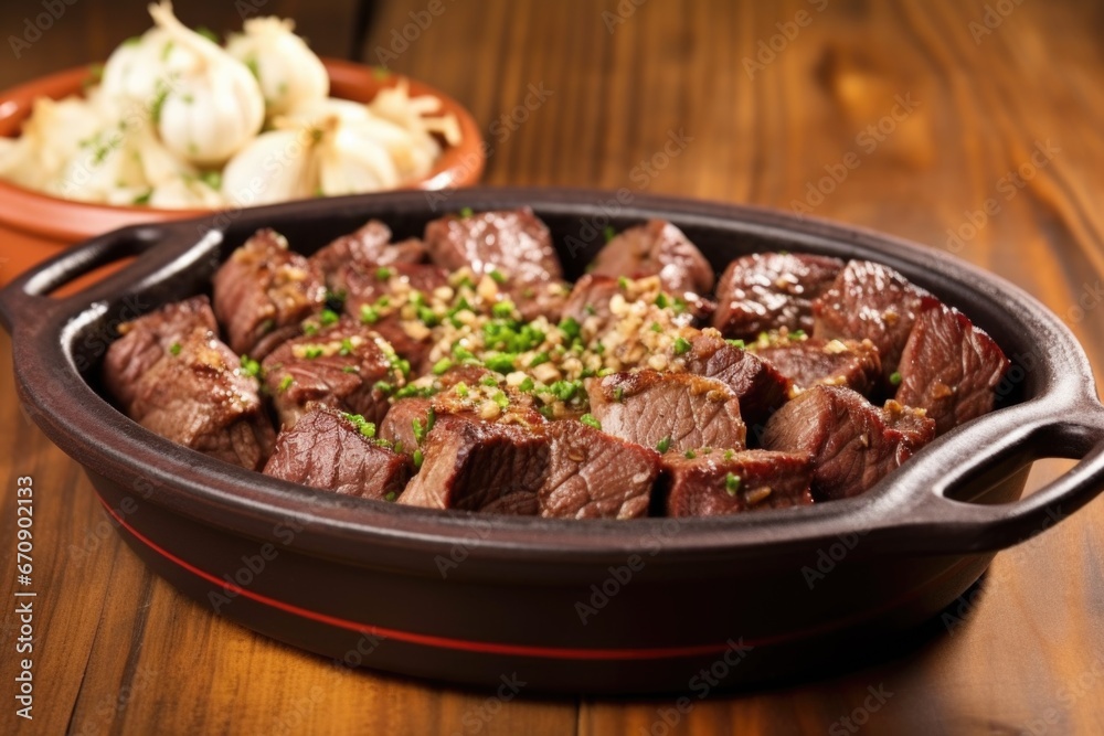 ceramic dish with steak tips and garlic heads