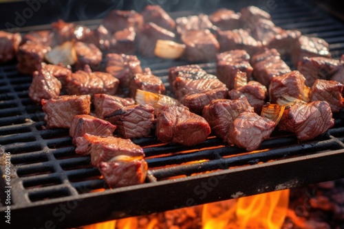 sizzling garlic bbq steak tips on a backyard grill