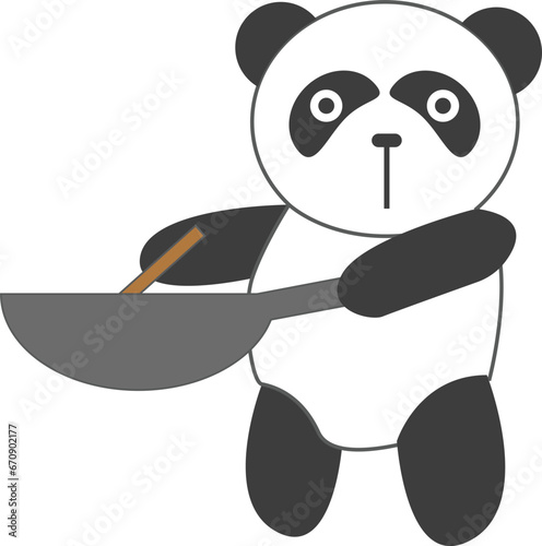 panda bear with a pan cooking