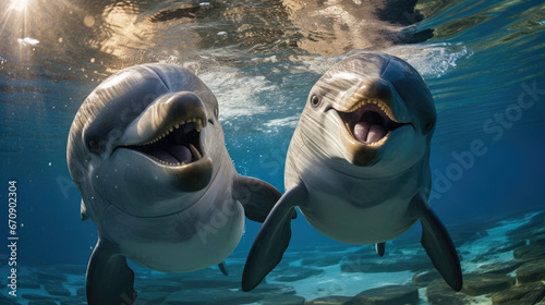 Two dolphins swimming together with open eyes and happy faces in shallow water near the surface of the water created with Generative AI Technology © AstraNova