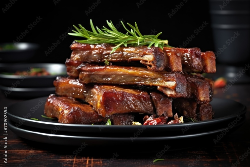 side view of stacked glazed pork ribs on a black plate