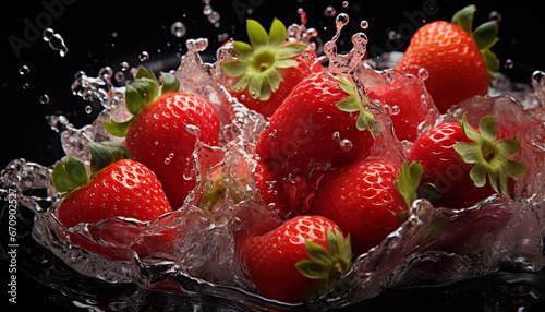 Strawberries in water with splash on black background, closeup