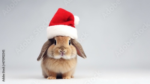 Cute Rabbit with Christmas Hat Isolated on the Minimalist Background 
