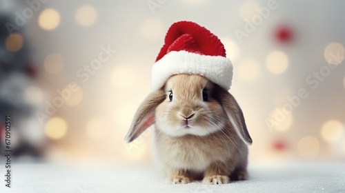 Cute Rabbit with Christmas Hat Isolated on the Minimalist Background 