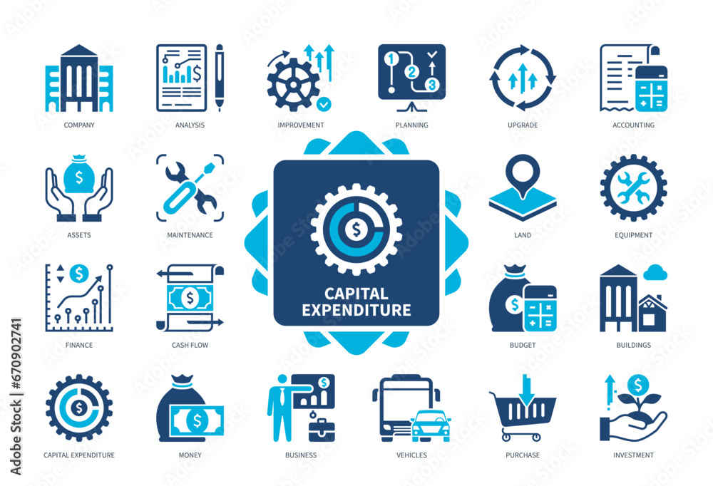Capital Expenditure icon set. Company, Purchase, Maintenance, Improvement, Asset, Business, Finance, Investment. Duotone color solid icons - obrazy, fototapety, plakaty 