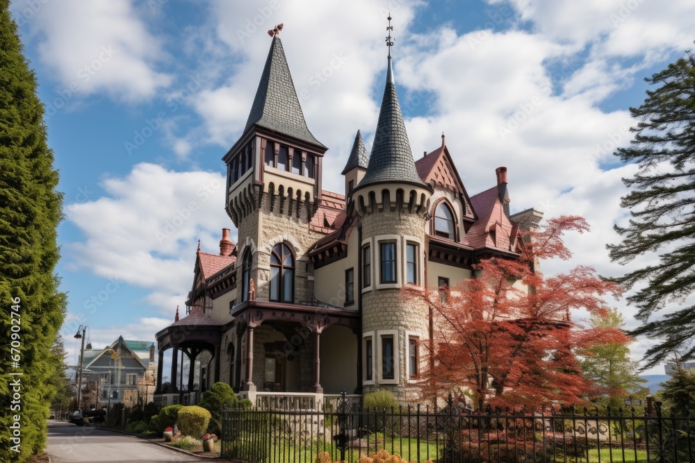 gothic revival villa with pointed roofs and battlement detailing gothic revival villa with pointed roofs and battlement detailing