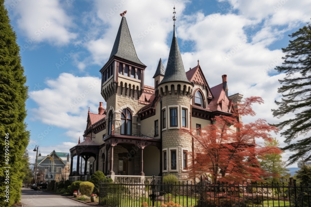 gothic revival villa with pointed roofs and battlement detailing