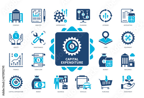 Capital Expenditure icon set. Company, Purchase, Maintenance, Improvement, Asset, Business, Finance, Investment. Duotone color solid icons photo